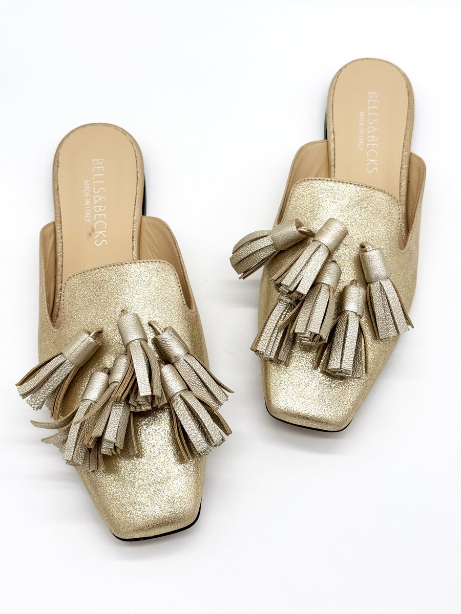 Square Toe Tassel Mule Gold - Sample Size 37